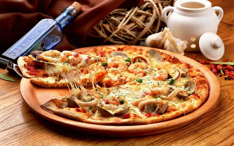 Seafood Pizza on Wood