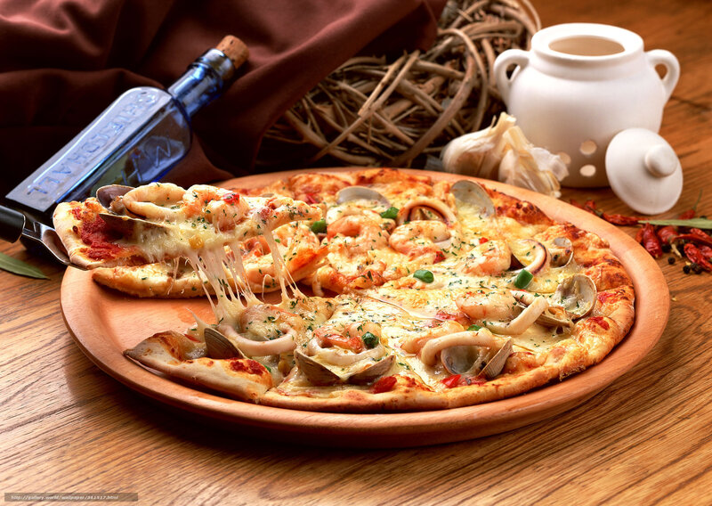 Seafood Pizza on Wooden Plate — Brown