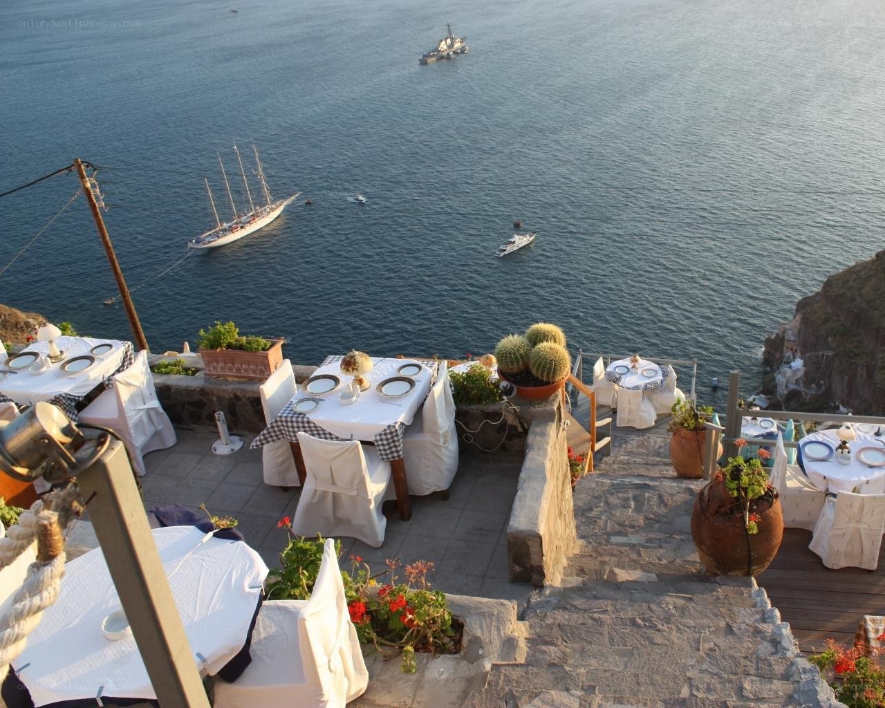 Seafront restaurant with boats