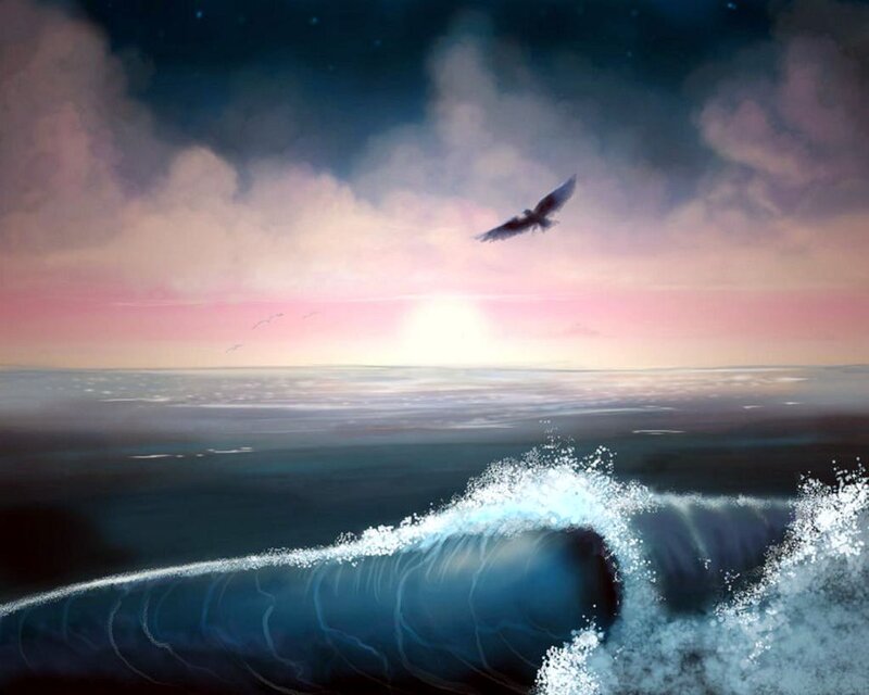 Seagull Flying over Ocean — Blue, Dramatic, Sunset, Digital Art