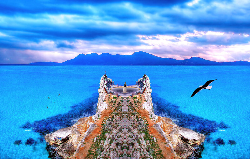 Seagull over coastal rock formation