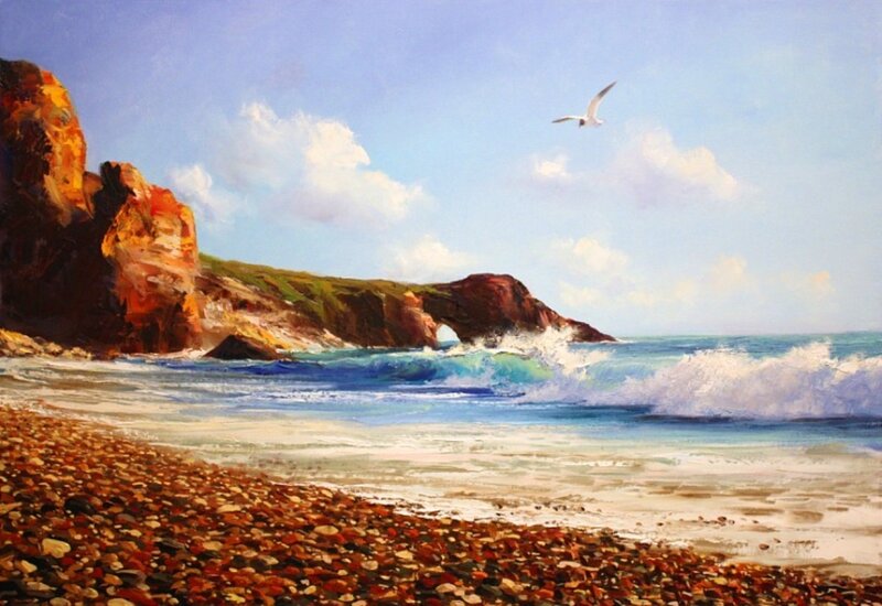 Seagull over Rocky Beach — Blue