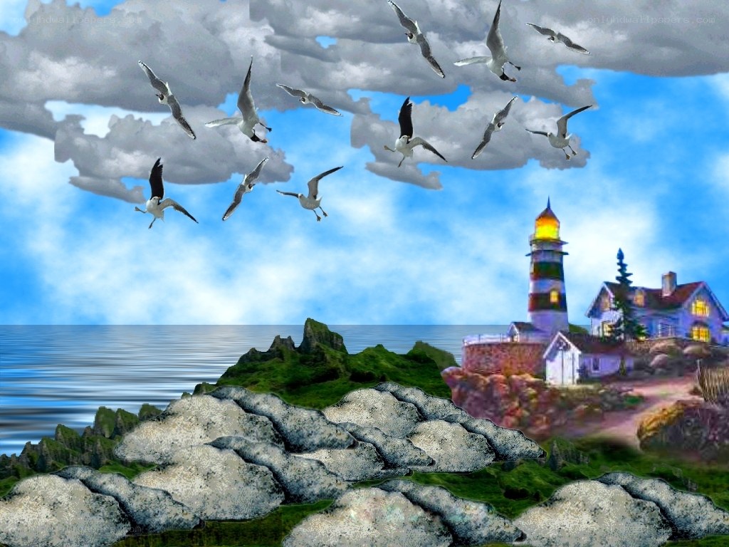 Seagulls flying over lighthouse