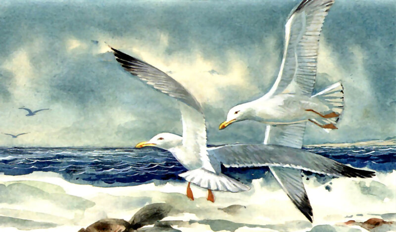 Seagulls Flying over Ocean — Blue, Dramatic, Painting