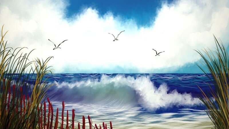Seagulls Flying over Ocean — Blue, Dramatic