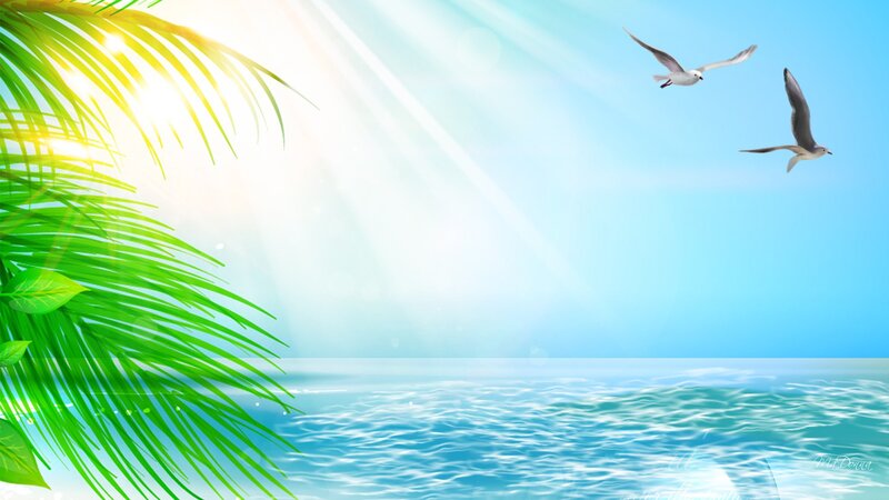 Seagulls Flying over Ocean — Blue, Serene, Afternoon, Digital Art, Palm Leaves