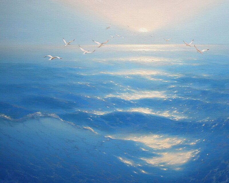 Seagulls Flying over Ocean — Blue, Serene, Sunset