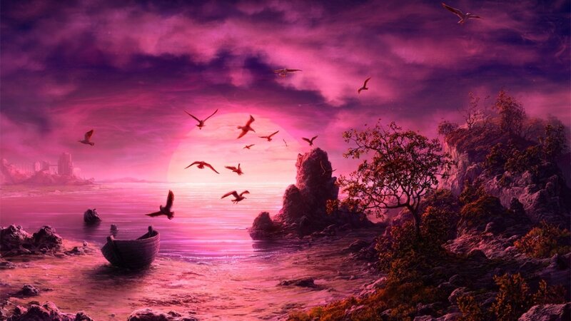 Seagulls Flying over Sea — Purple, Dramatic, Sunset