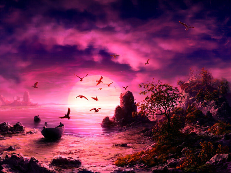 Seagulls Flying over Sea — Purple, Dramatic