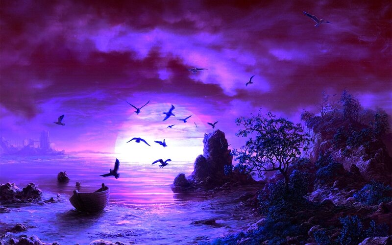 Seagulls Flying over Water — Purple, Dramatic