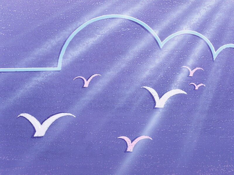 Seagulls flying under a cloud