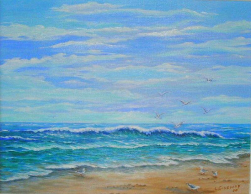 Seagulls on Beach — Blue, Calm, Afternoon, Painting