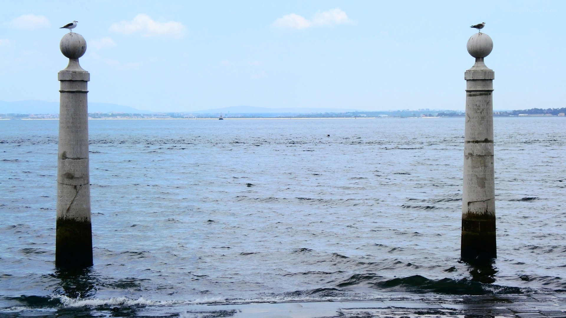 Seagulls on pillars by the sea