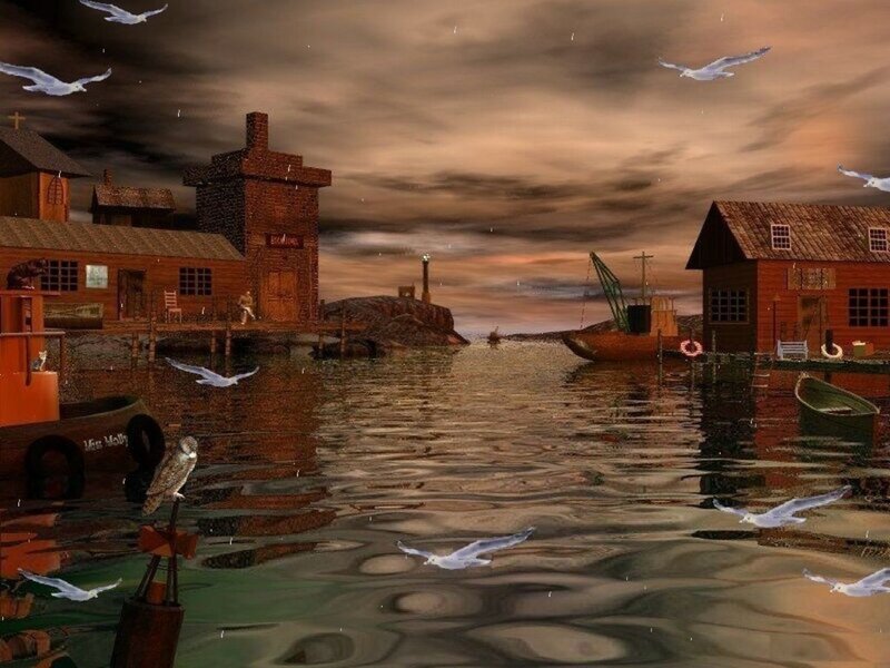 Seagulls over a harbor at dusk
