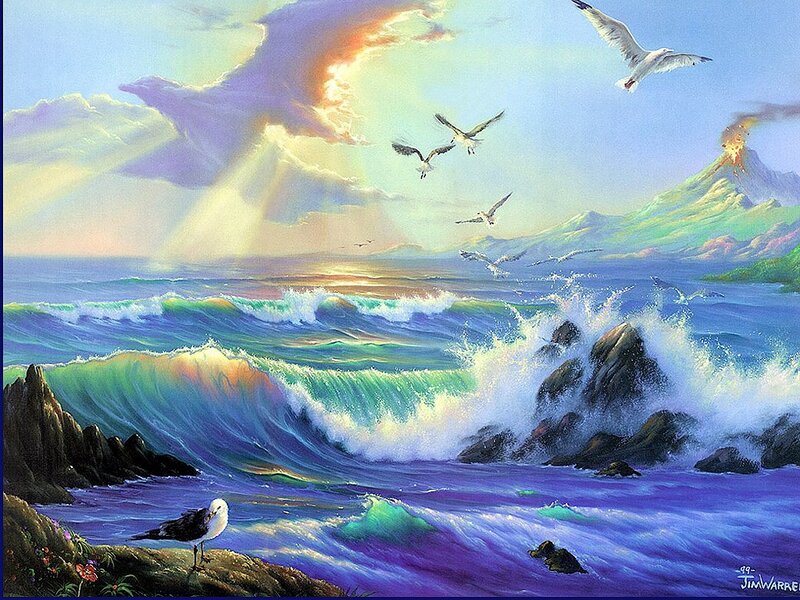 Seagulls over Ocean Waves — Blue, Dramatic, Sunrise