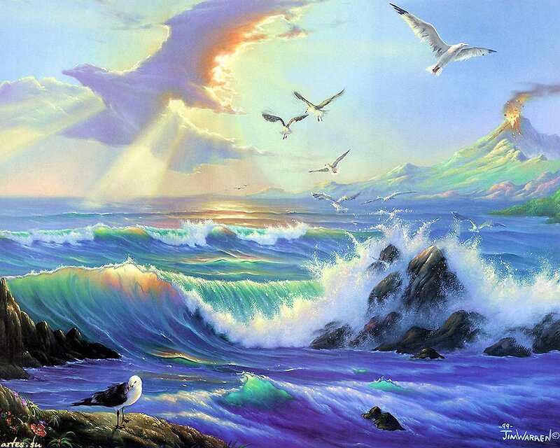 Seagulls over Ocean Waves — Blue, Dramatic