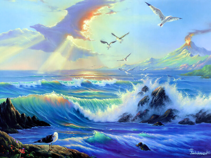 Seagulls over Ocean Waves — Blue