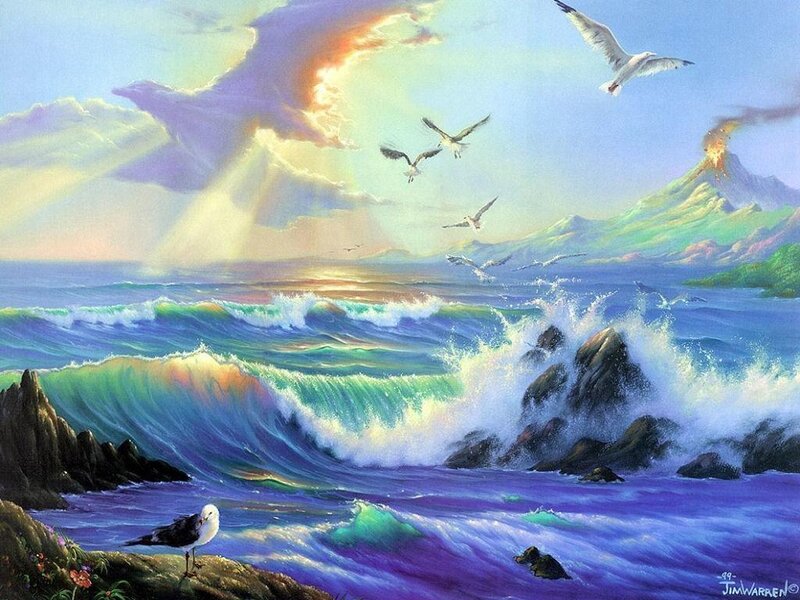 Seagulls over Ocean Waves