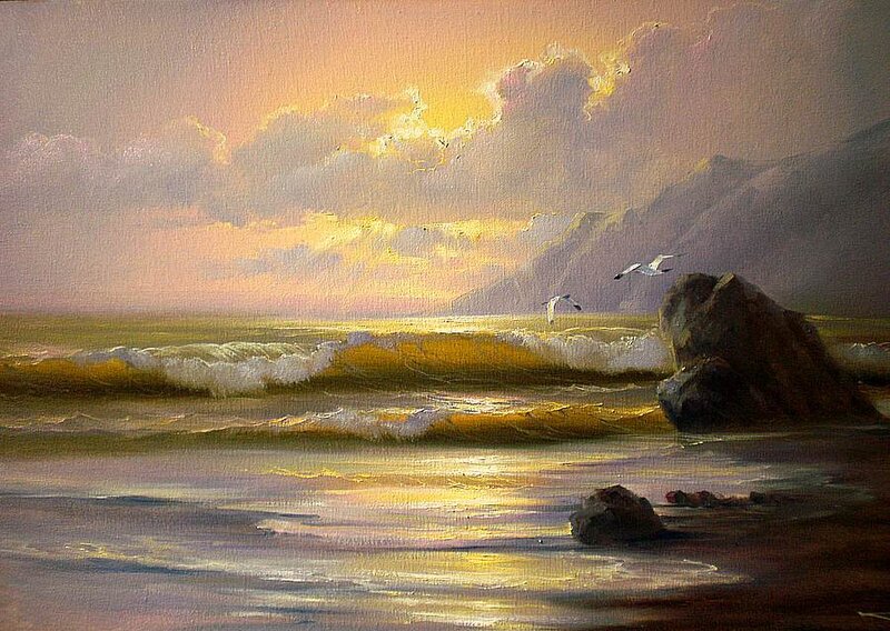 Seagulls over Ocean Waves — Yellow