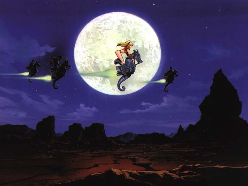 Seahorse riders under moon