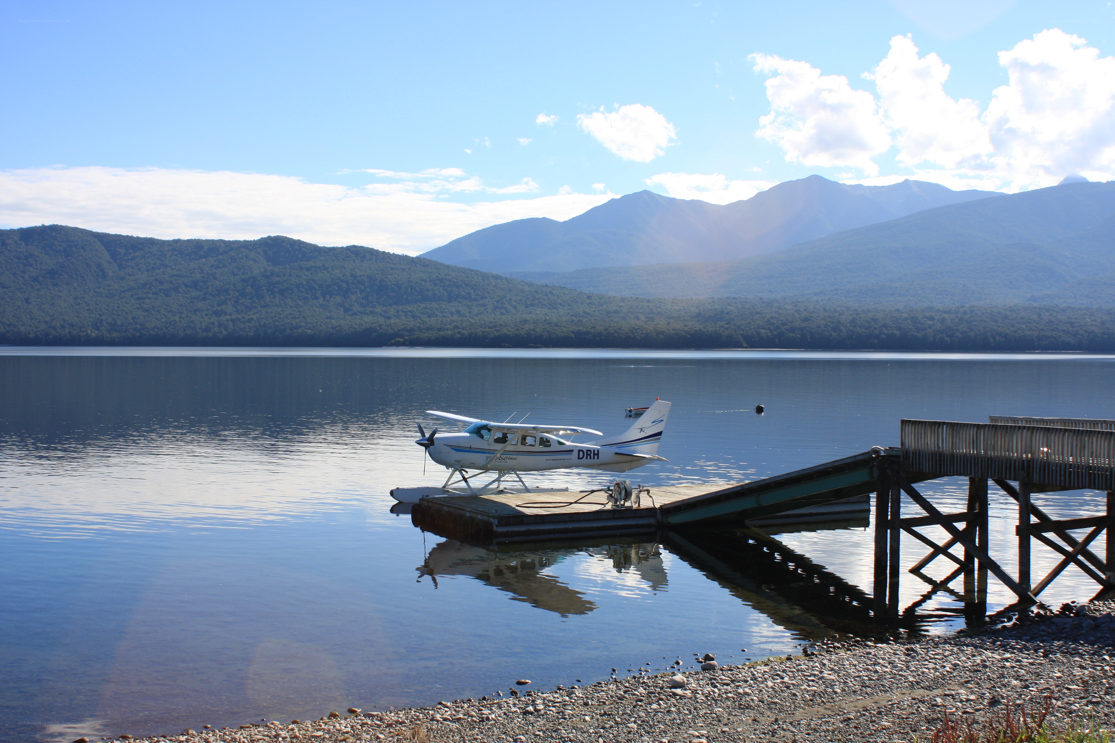 Seaplane at a lake dock