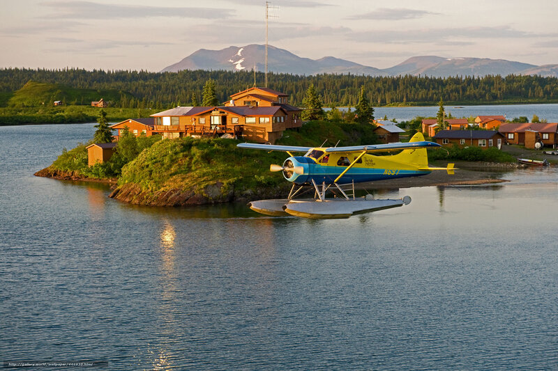 Seaplane at a lakeside lodge