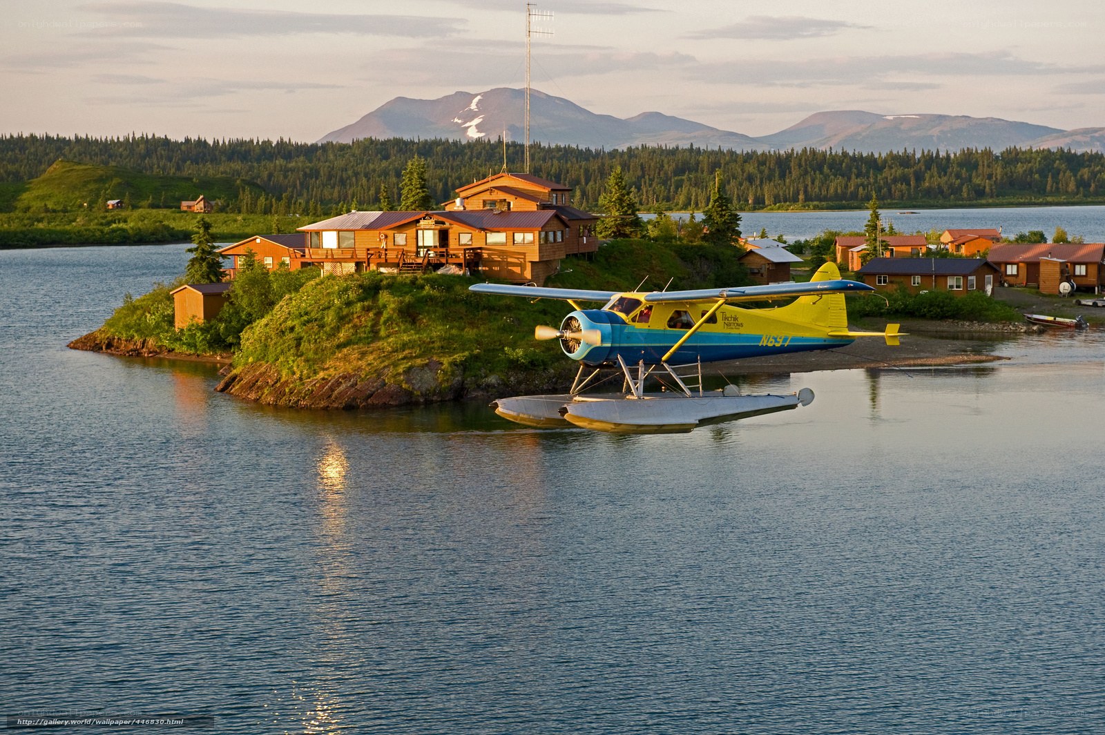 Seaplane at a lakeside lodge