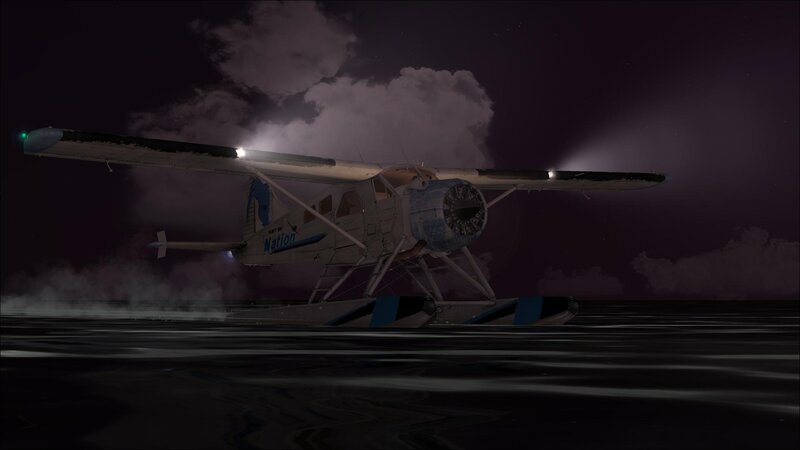 seaplane at night on water