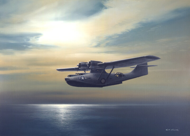 Seaplane Flying over Ocean — Blue
