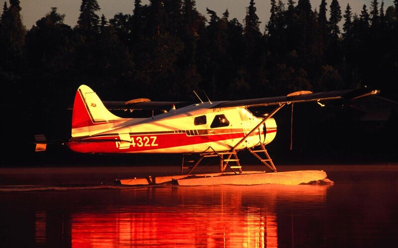 Seaplane on Lake — Red, Serene, Sunset
