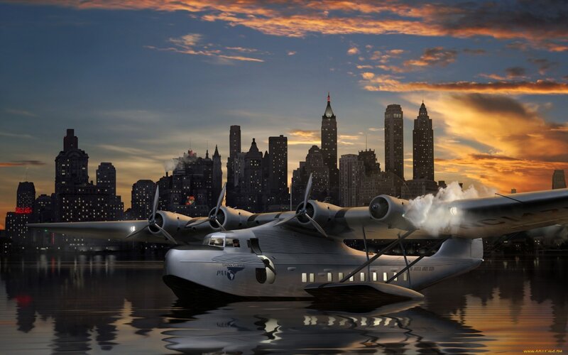Seaplane on Water — Blue, Dramatic, Sunset