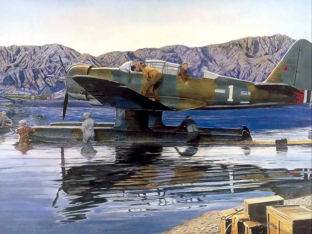 Seaplane on water with crew