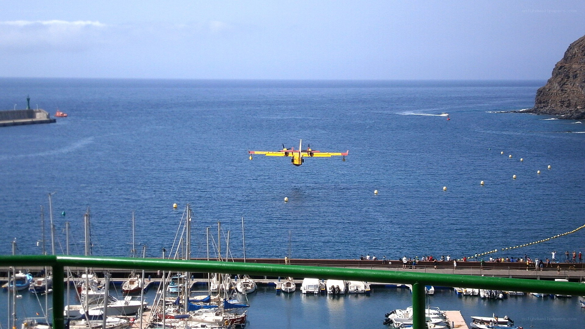 Seaplane over harbor