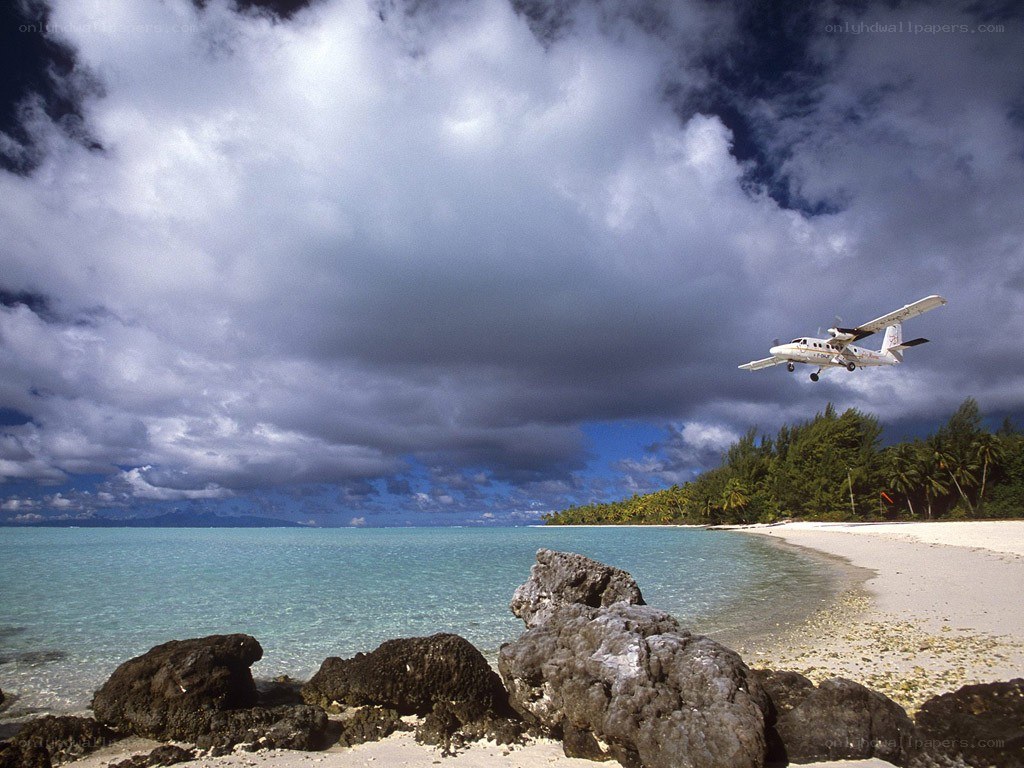 Seaplane over tropical beach