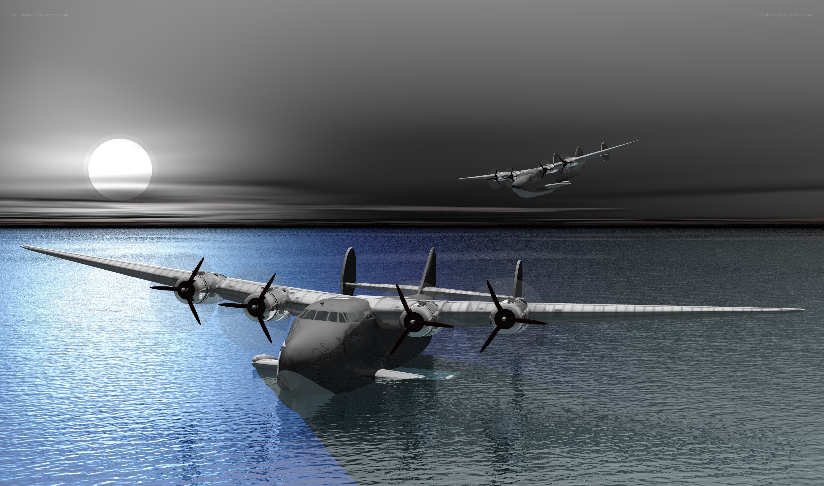 Seaplane over water at night