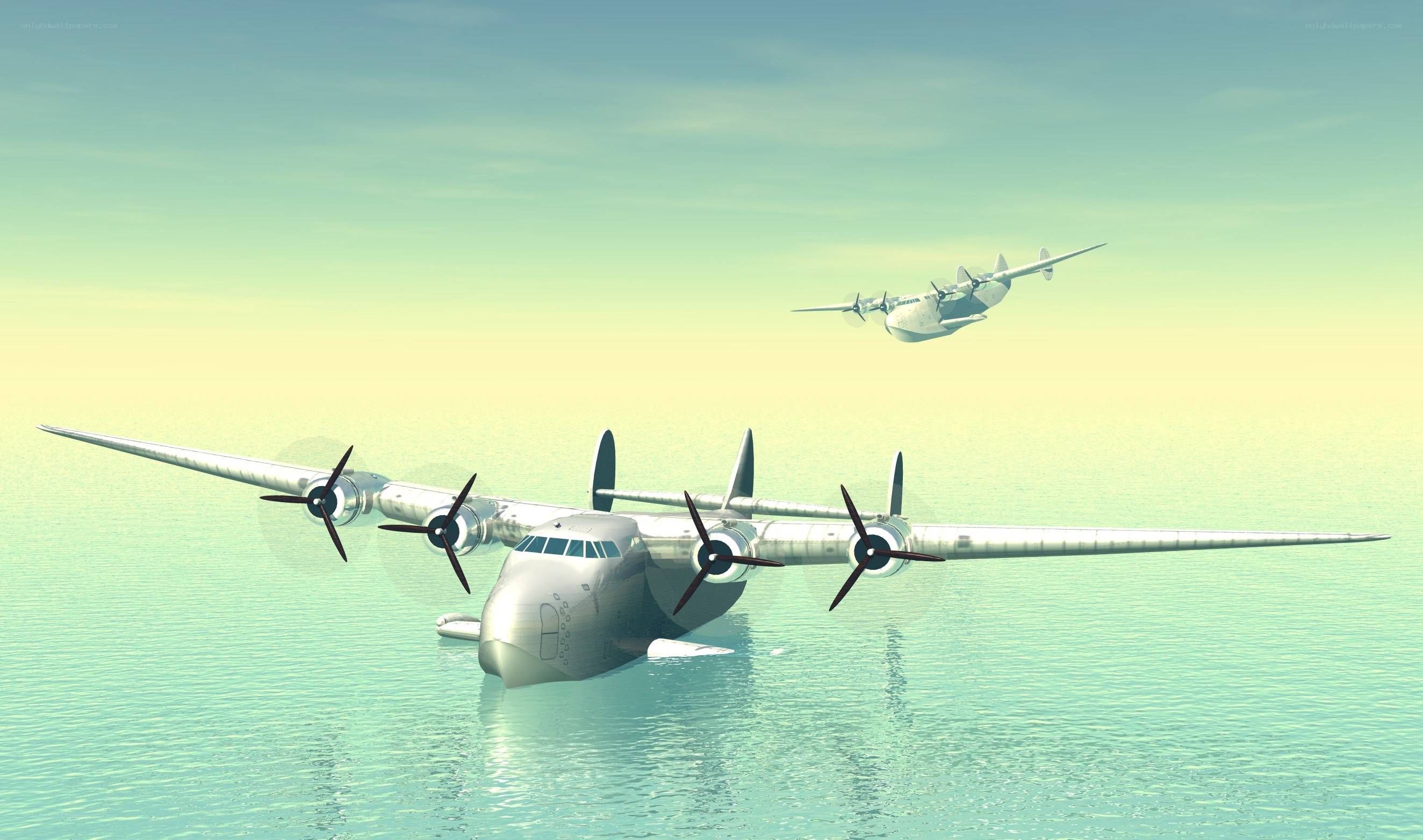 Seaplanes over calm sea