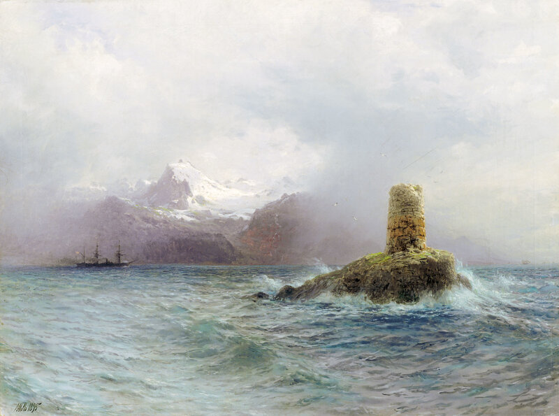 Seascape with lighthouse and mountain