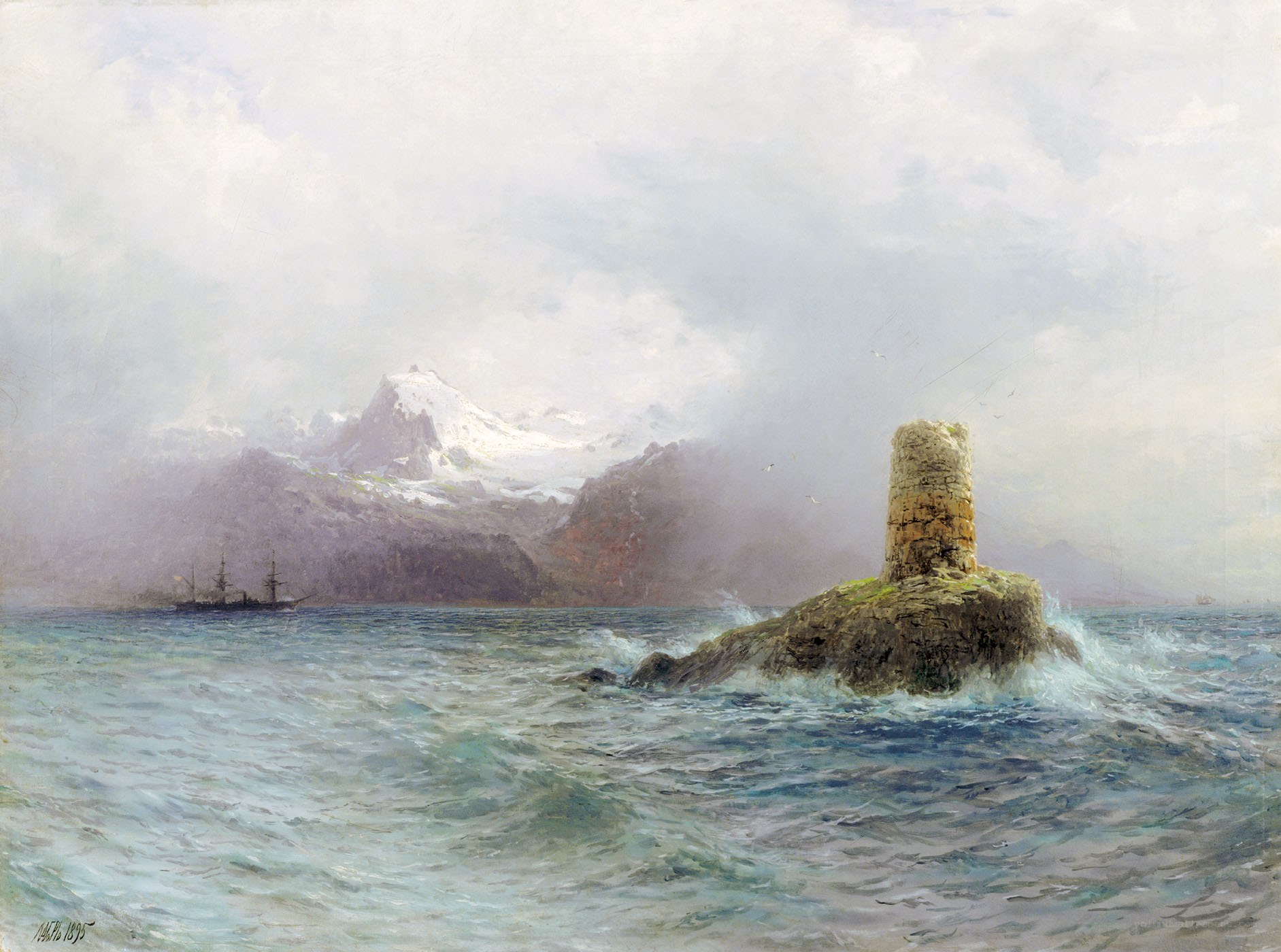 Seascape with lighthouse and mountain