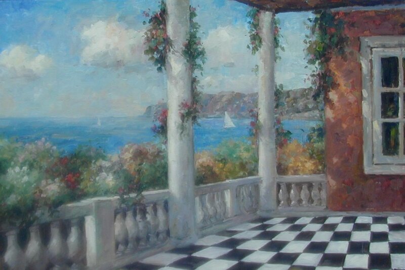 Seaside balcony with checkered floor