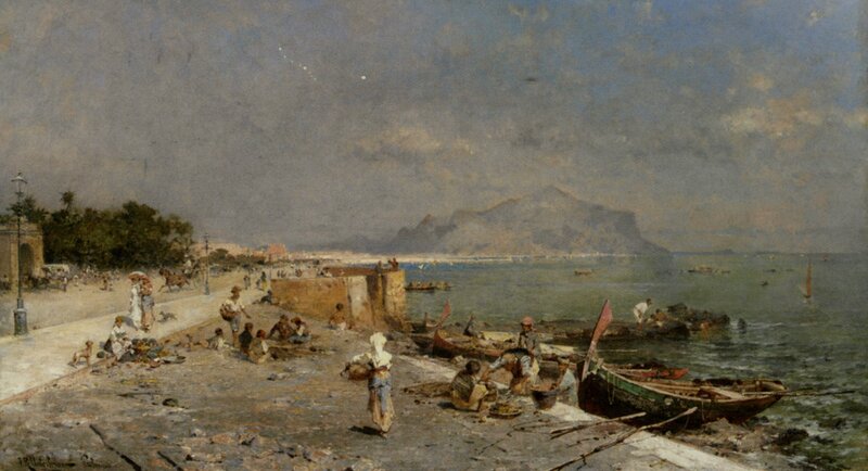 Seaside fishing village scene