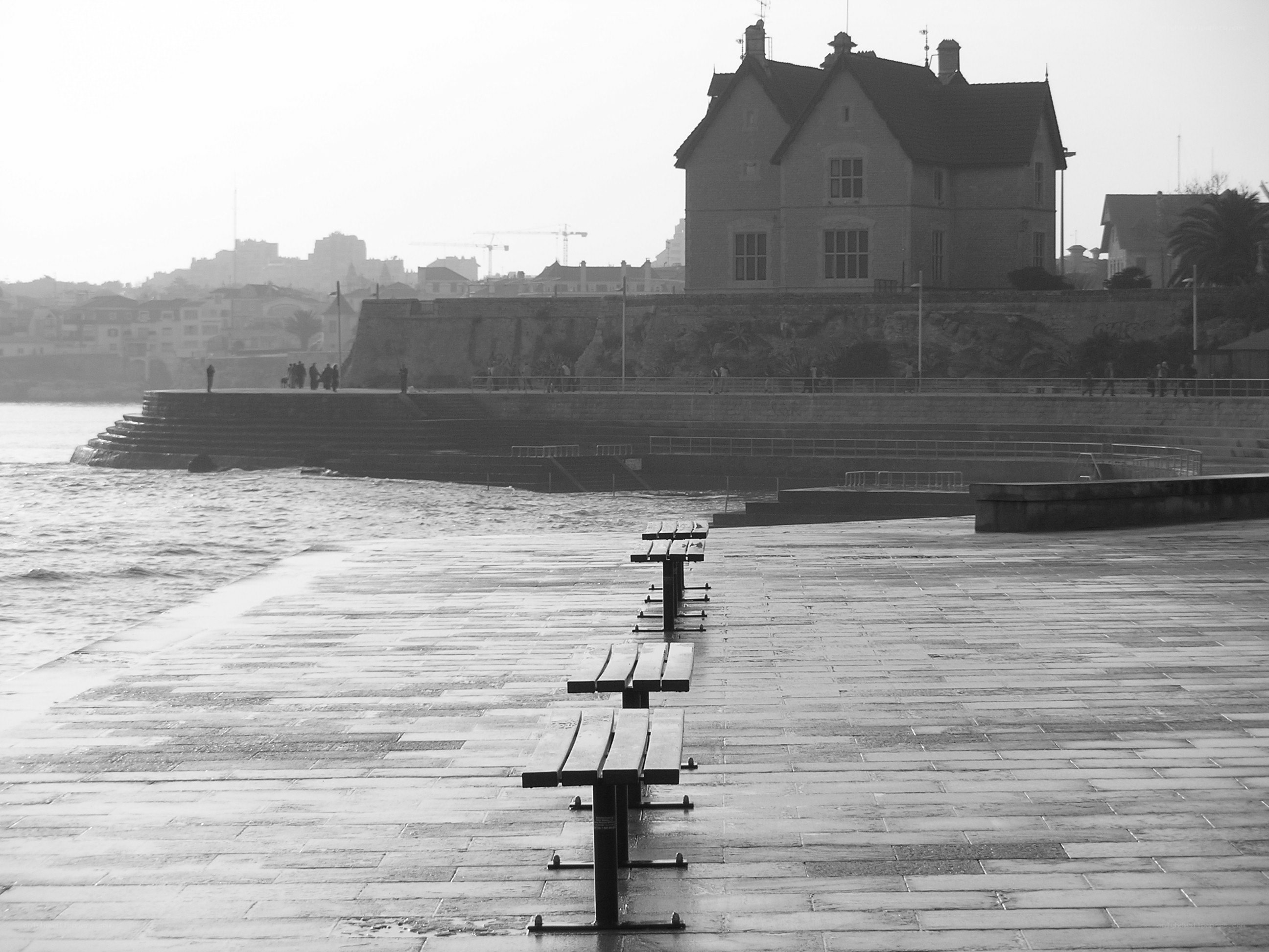 Seaside promenade with benches