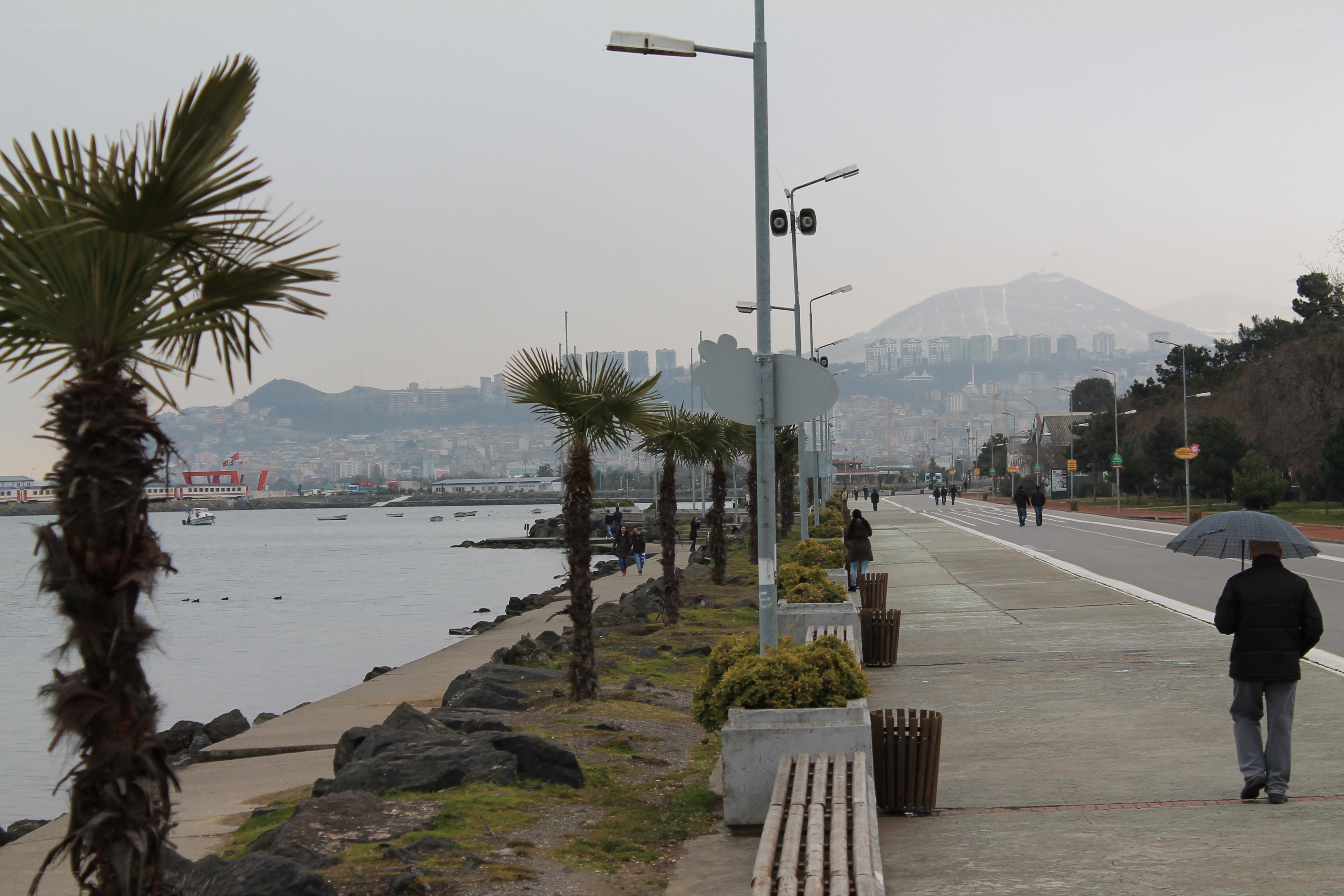 Seaside promenade with city view