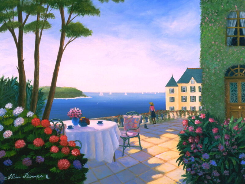 Seaside terrace with flowers