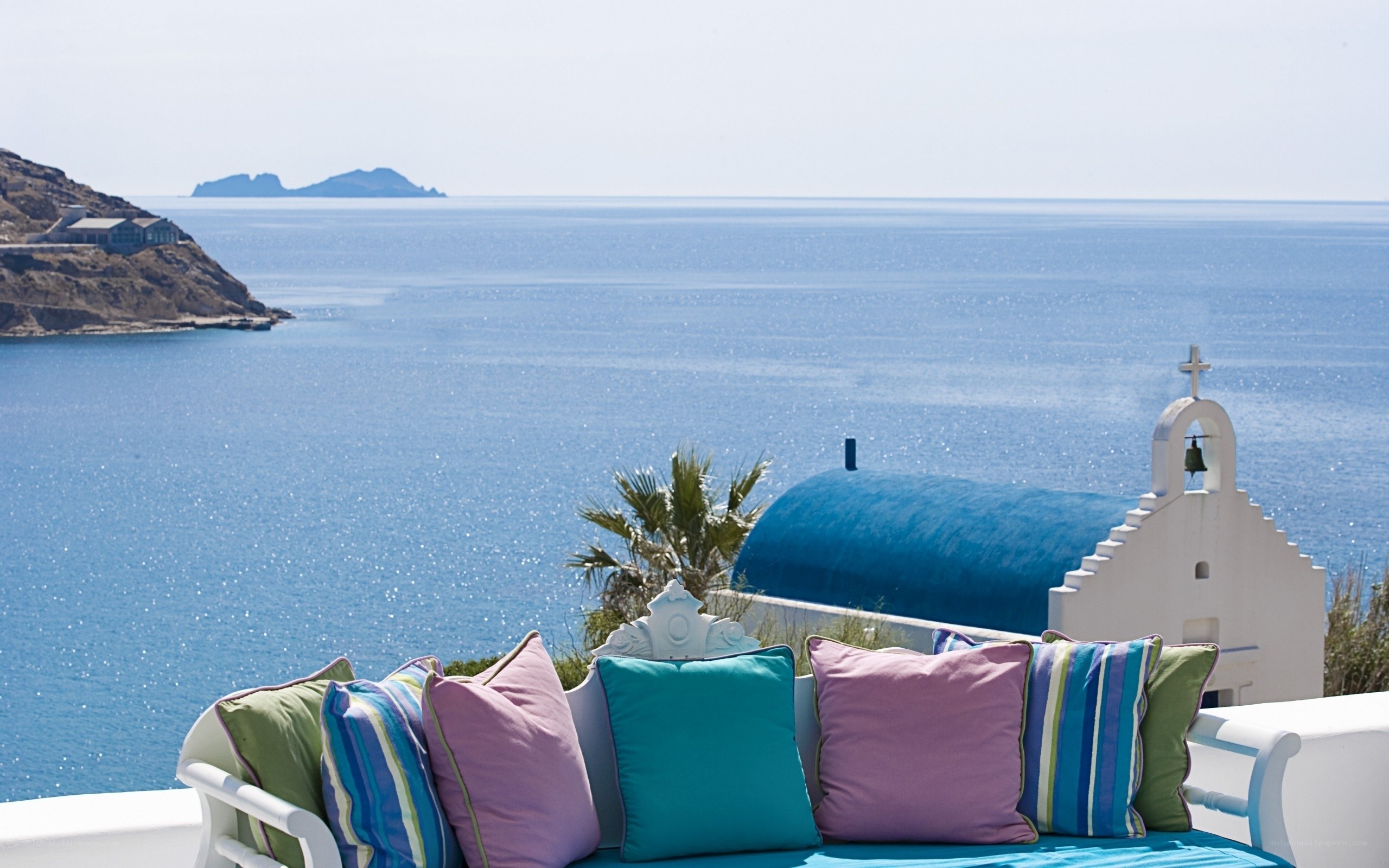 Seaside view with colorful cushions
