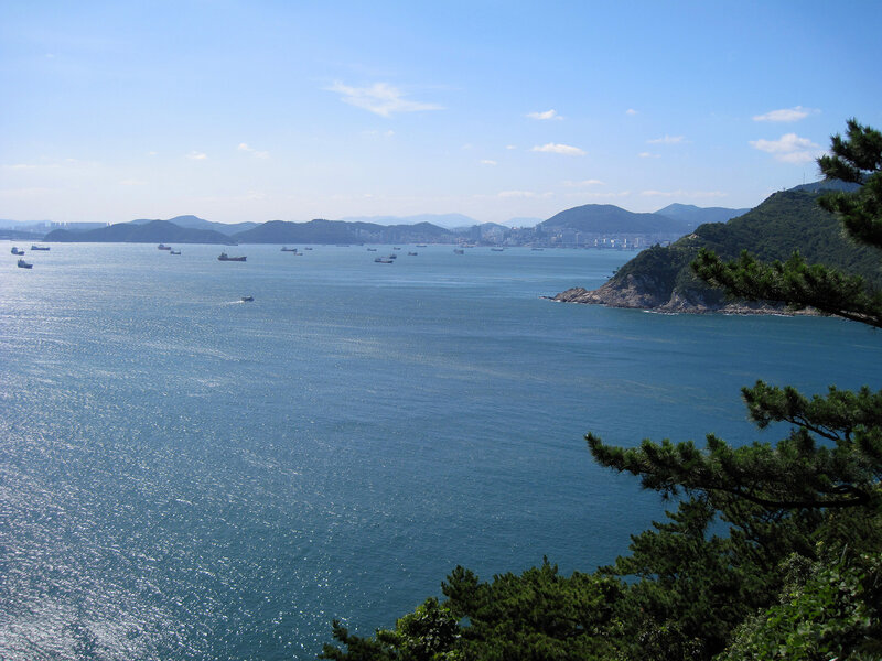 Seaside view with ships and hills
