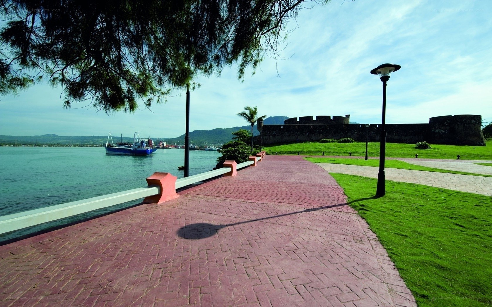 Seaside walkway with fort