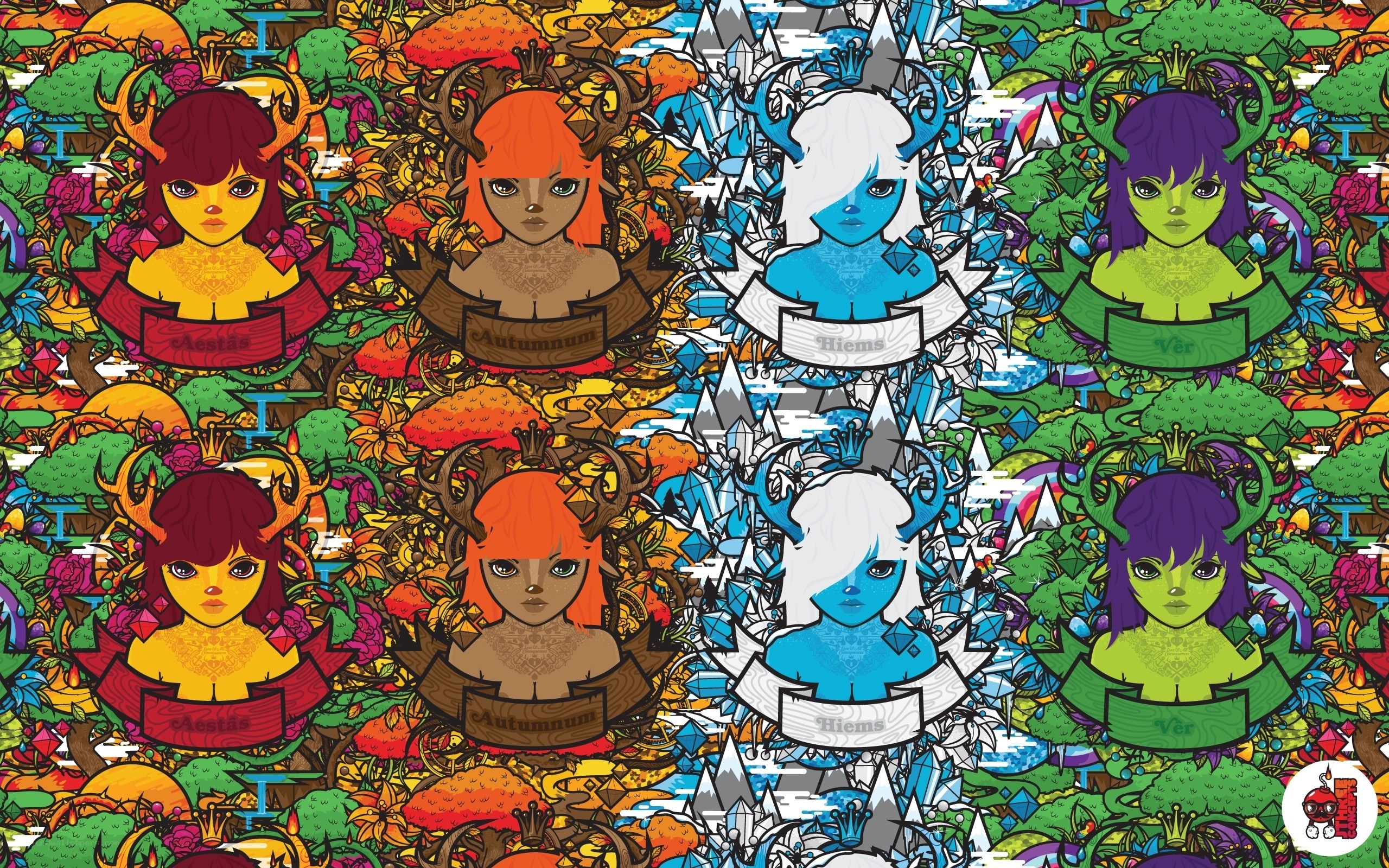 Seasonal characters in a colorful pattern