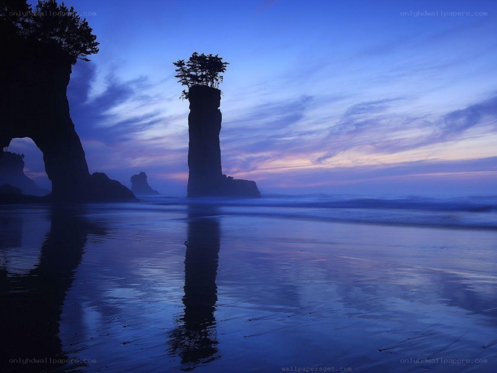 Seastack at dusk with reflection