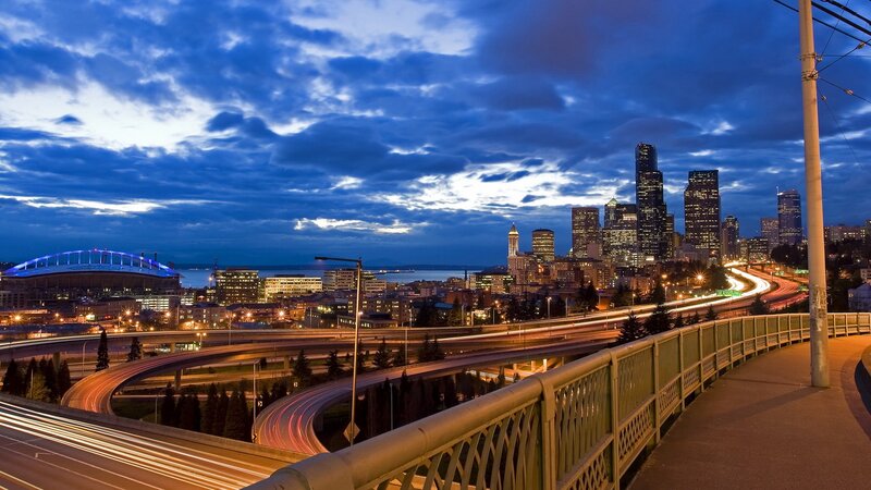 Seattle City Skyline — Blue, Dramatic, Night