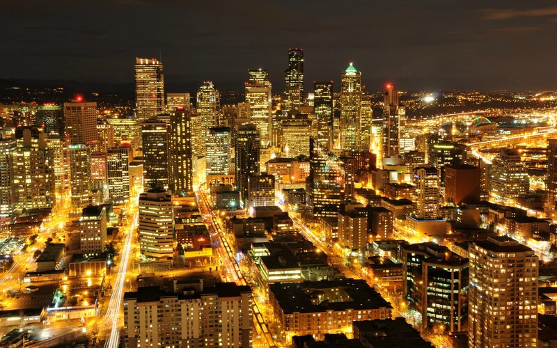 Seattle City Skyline — Yellow, Dramatic, Night